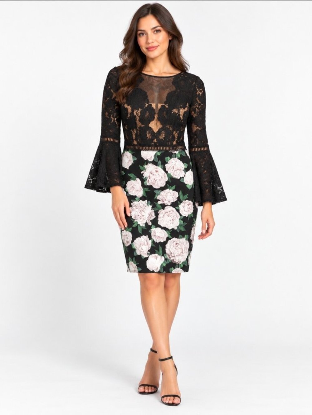 Tadashi Shoji Black Lace Floral Bell Sleeve Dress Size 10 NWT